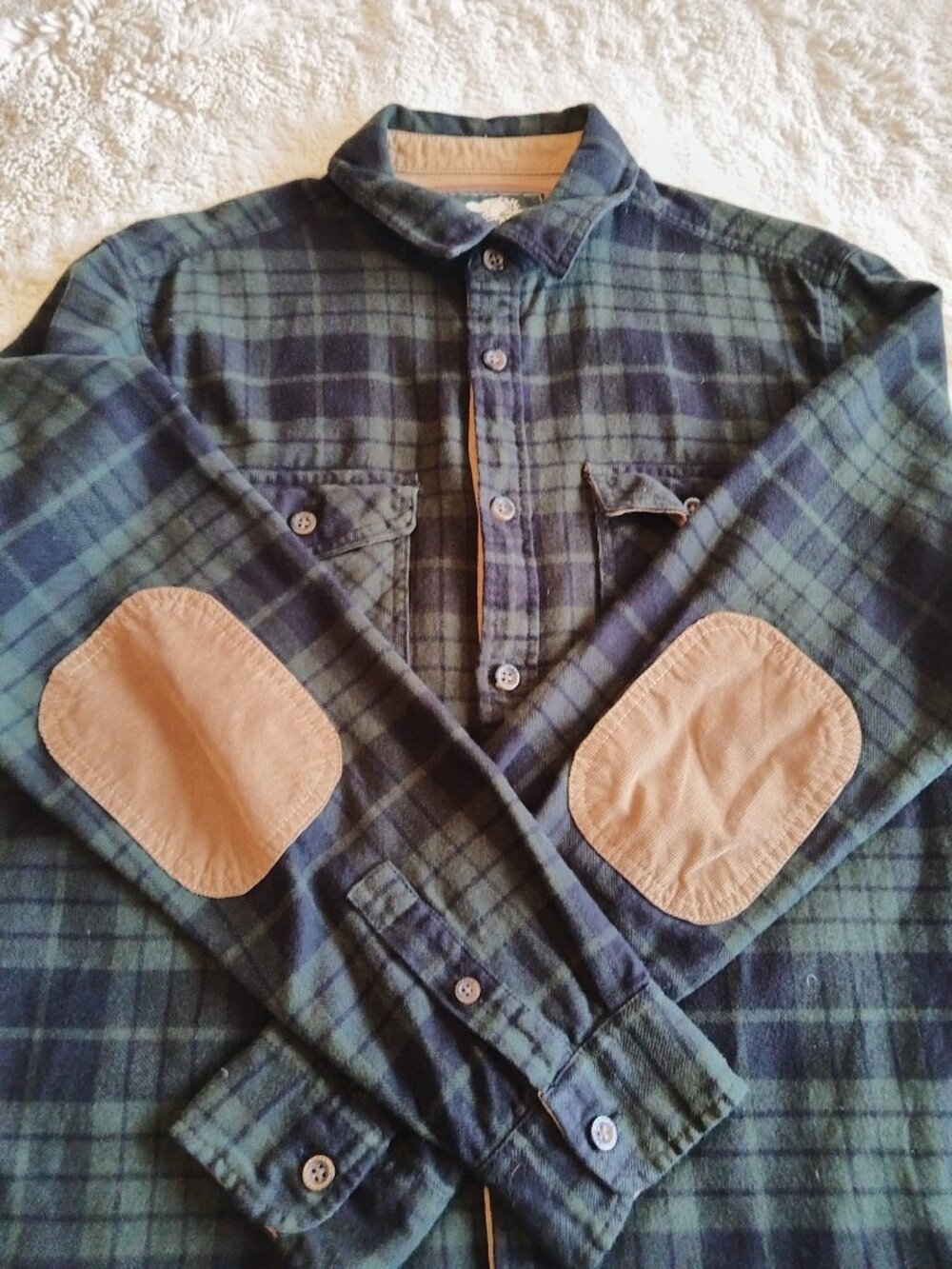 Roots Canada Flannel Plaid Shirt Green/Navy w/ Elbow Patches - Size L - Picture 8 of 14